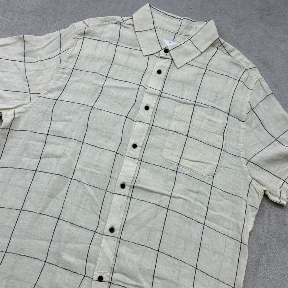 Katin Button Down Shirt Mens XL Cream Windowpane Plaid Cotton Linen Short Sleeve